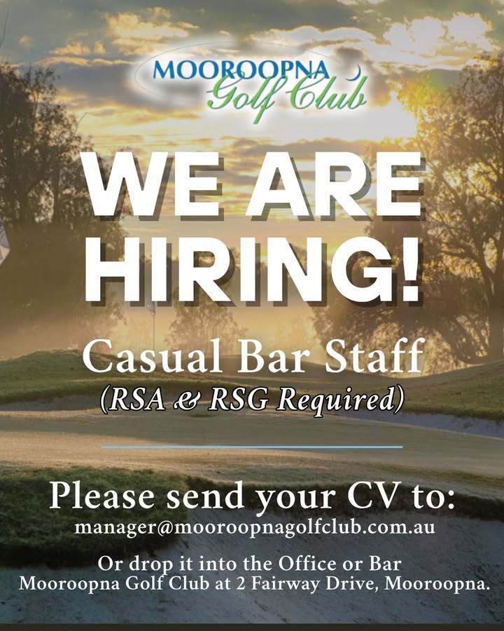 Featured image for “Casual Bar Staff Wanted at Mooroopna Golf Club”